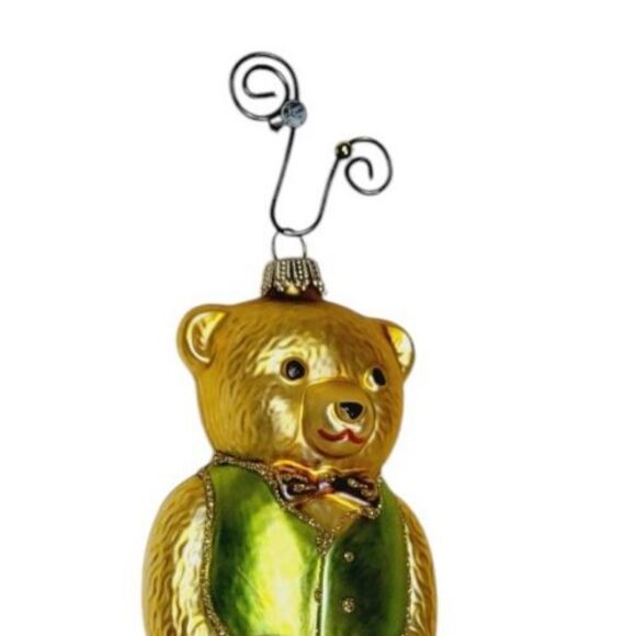 Whitehurst Mercury Glass Hand Painted Teddy Bear Green Vest Christmas Ornament - Picture 4 of 9
